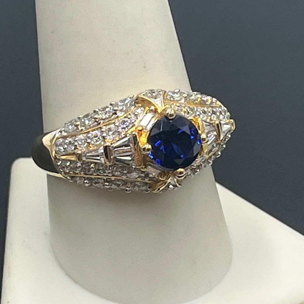 Designer‎ Signed Sterling Silver Vermeil Round Sapphire and CZ Ring Sz 10.5
